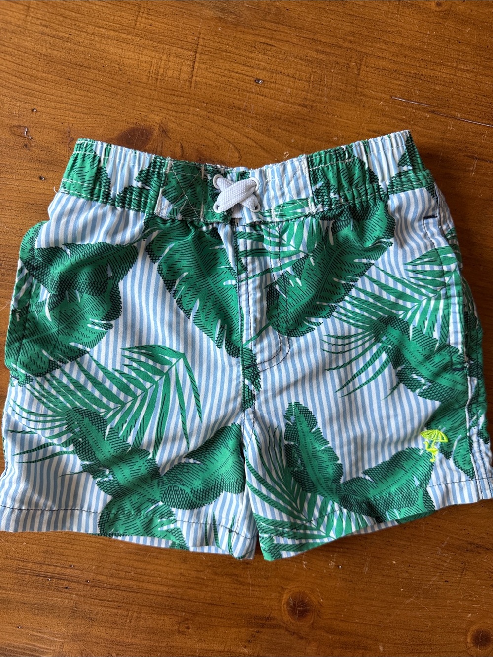Boys Tropical Green Leaf Swim Trunks with Stripes